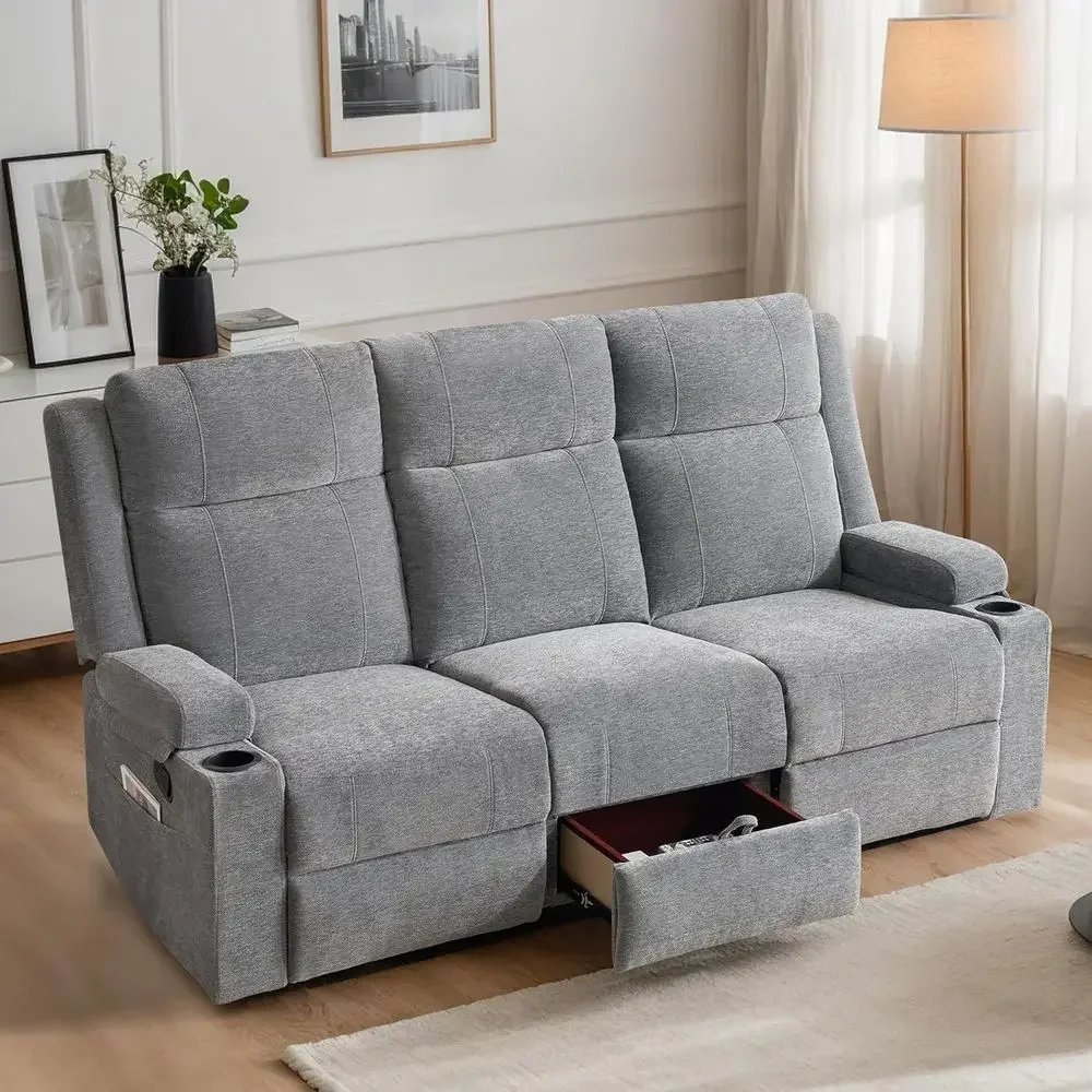 

75 Manual Reclining Sofa with Storage, 3-Seat Wall Hugger Recliner Couch, Cup Holders, Side Pockets, Chenille Fabric, Compact fo