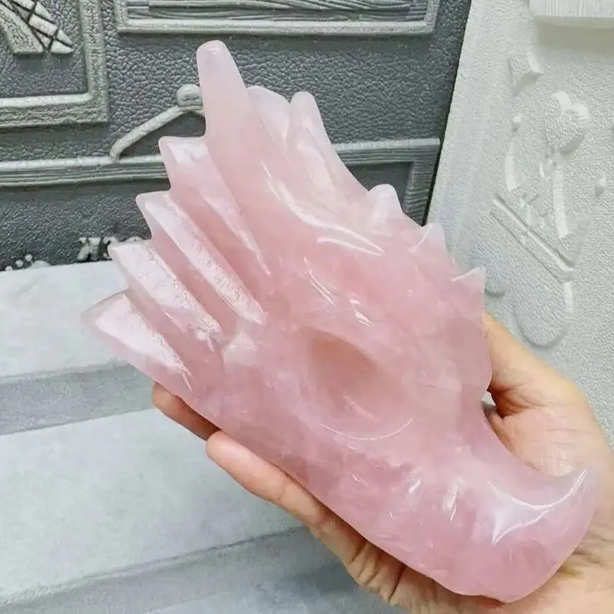 

Magical Natural Rose Quartz Carved Dragon Head Pink Crystal Dragon Head Reiki Restoration Stone Home Office Degaussing Decoratio