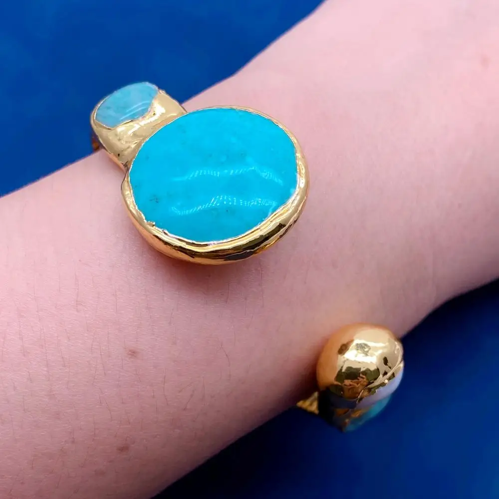 YYGEM 14mm Cultured White Pearl 26mm Blue Turquoise Green Amazonite Gold Plated Bangle Bracelet