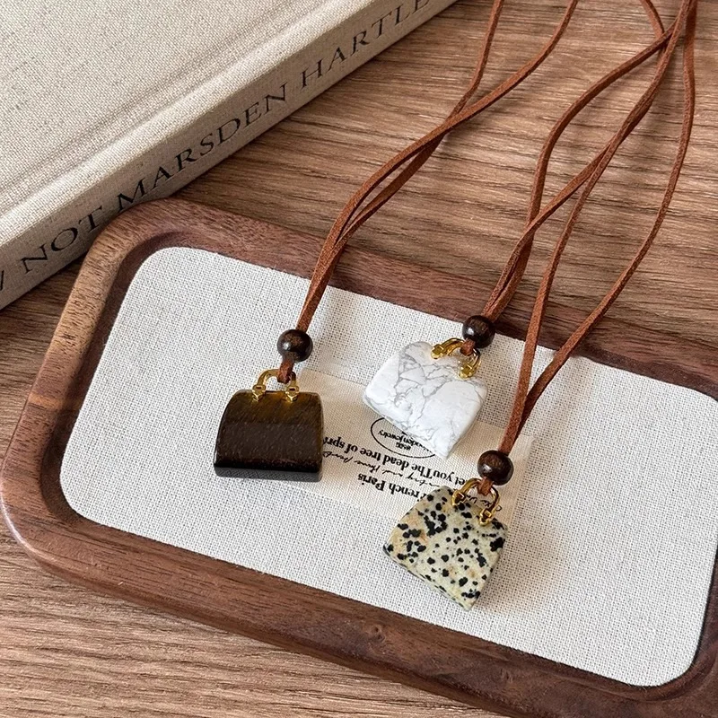 Vintage Cute Small Stone Bag Pendant Long Necklace for Women Korean Velvet Sweater Chain Jewelry Versatile Hanging Accessory
