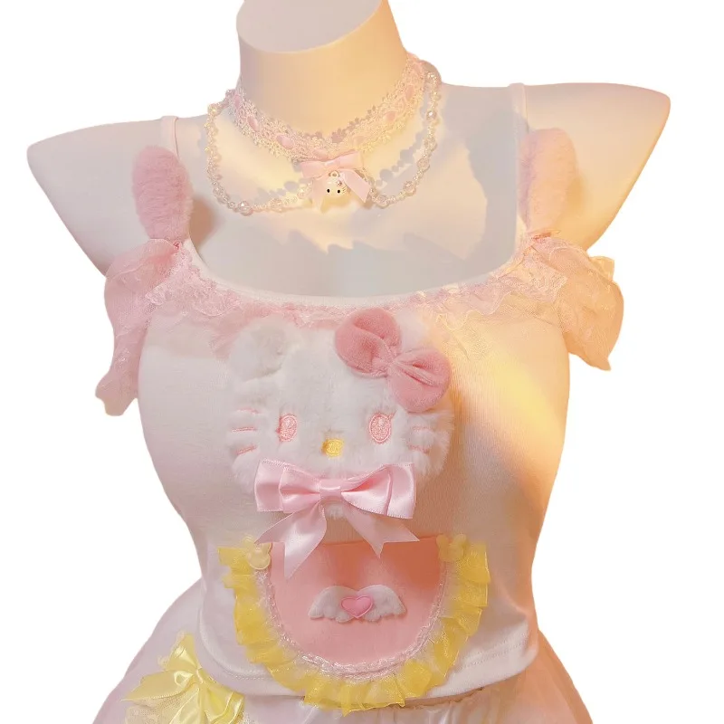 

New Summer Original Sweet Lolita Hello Kitty Sanrio Top Women Lace Trim Cotton Cropped Decoration Pink White Cute Kawaii Clothes