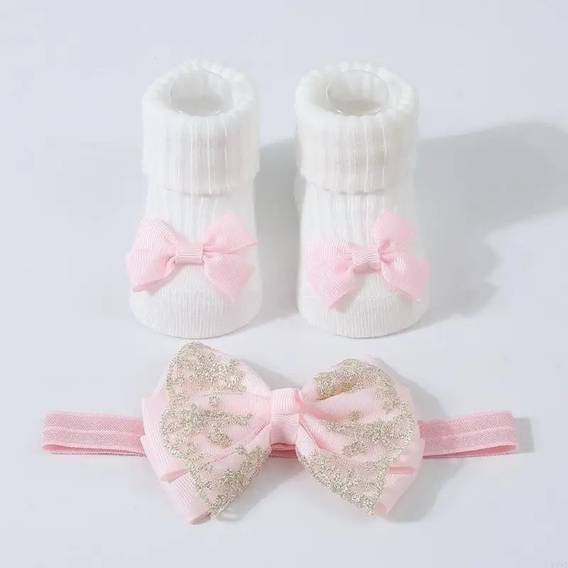 

F19F Baby Girl Headband Socks Set Elastic Baby Hair Bands with Knitted Socks Present