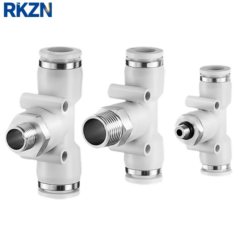 White Pneumatic Quick Connector T-shaped PU Hose Trachea 8 10 mm External Thread BSPT 1/4 1/2 1/8 3/8 Brass Tee Connector PB8-02