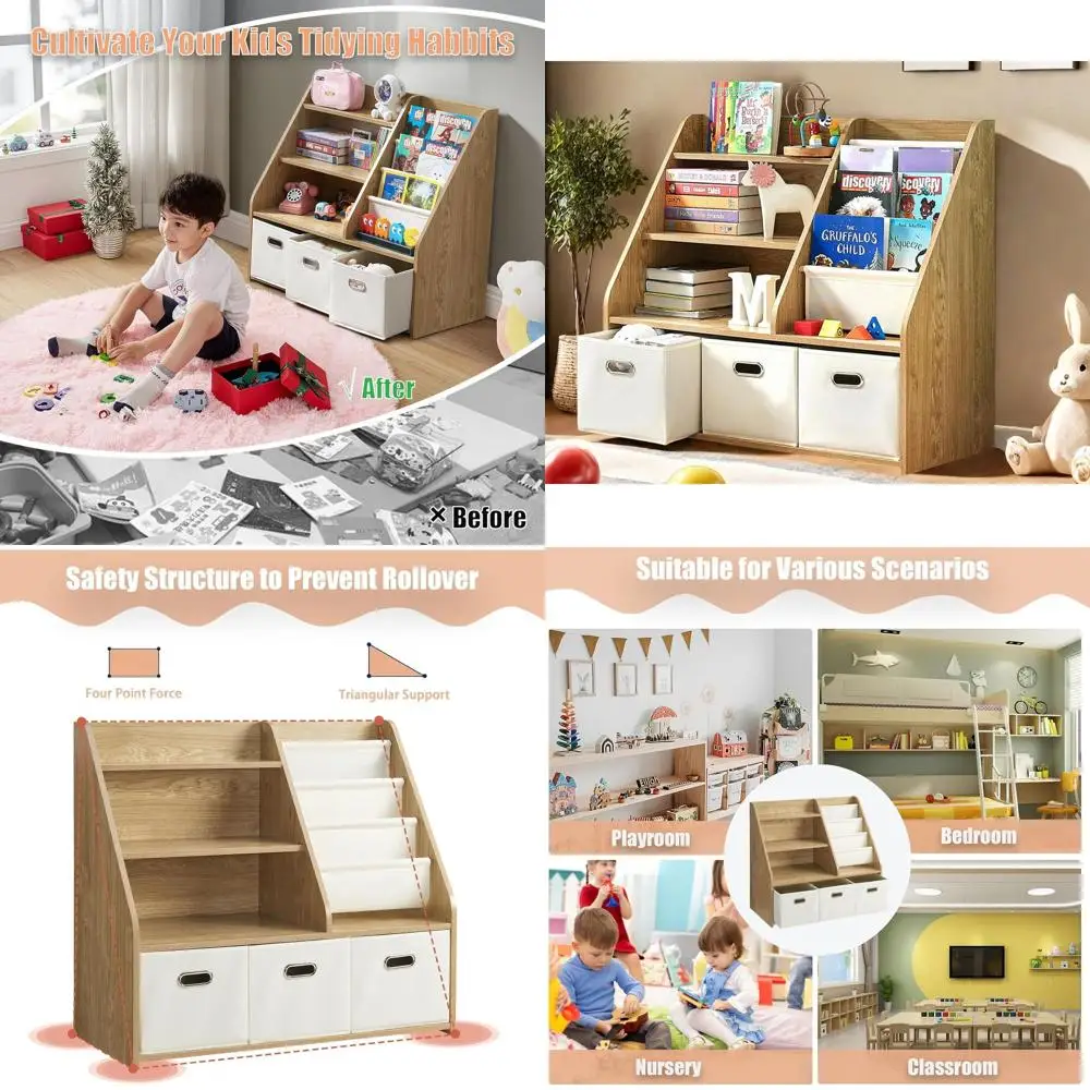 

Трехуровневая деревянная детская книжная полка с тканевыми контейнерами для игрушек для хранения в детской и игровой комнате