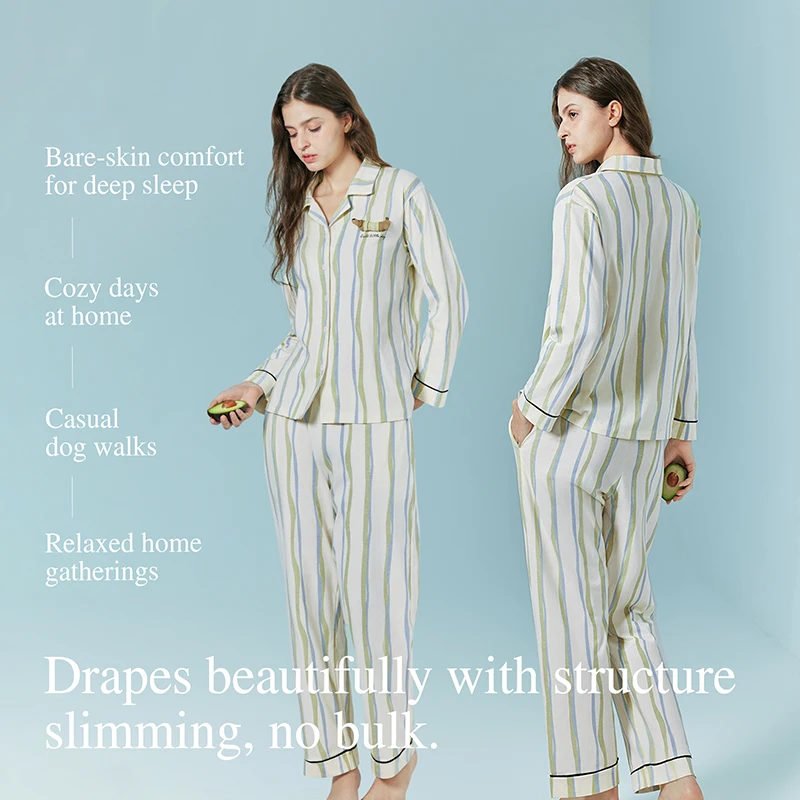 SUJIIN Summer Women's Cotton Striped Pajama Set Long Sleeve Cute Dog Print Casual Loungewear Sets Comfortable Sleepwear XJ016