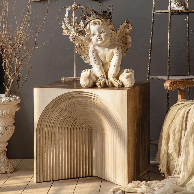 wood square coffee table living room balcony retro decoration geometric modeling angel floor ornament wabi sandy wind