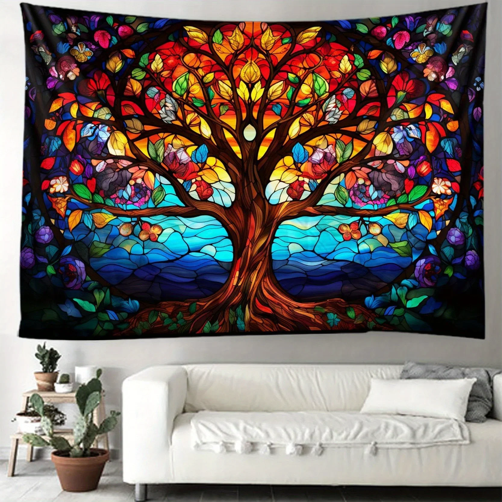 Ethnic Tree of Life Tapestry Stained Glass Motif for Bedroom Living Room Easy to Install Bohemian Home Decor Gift