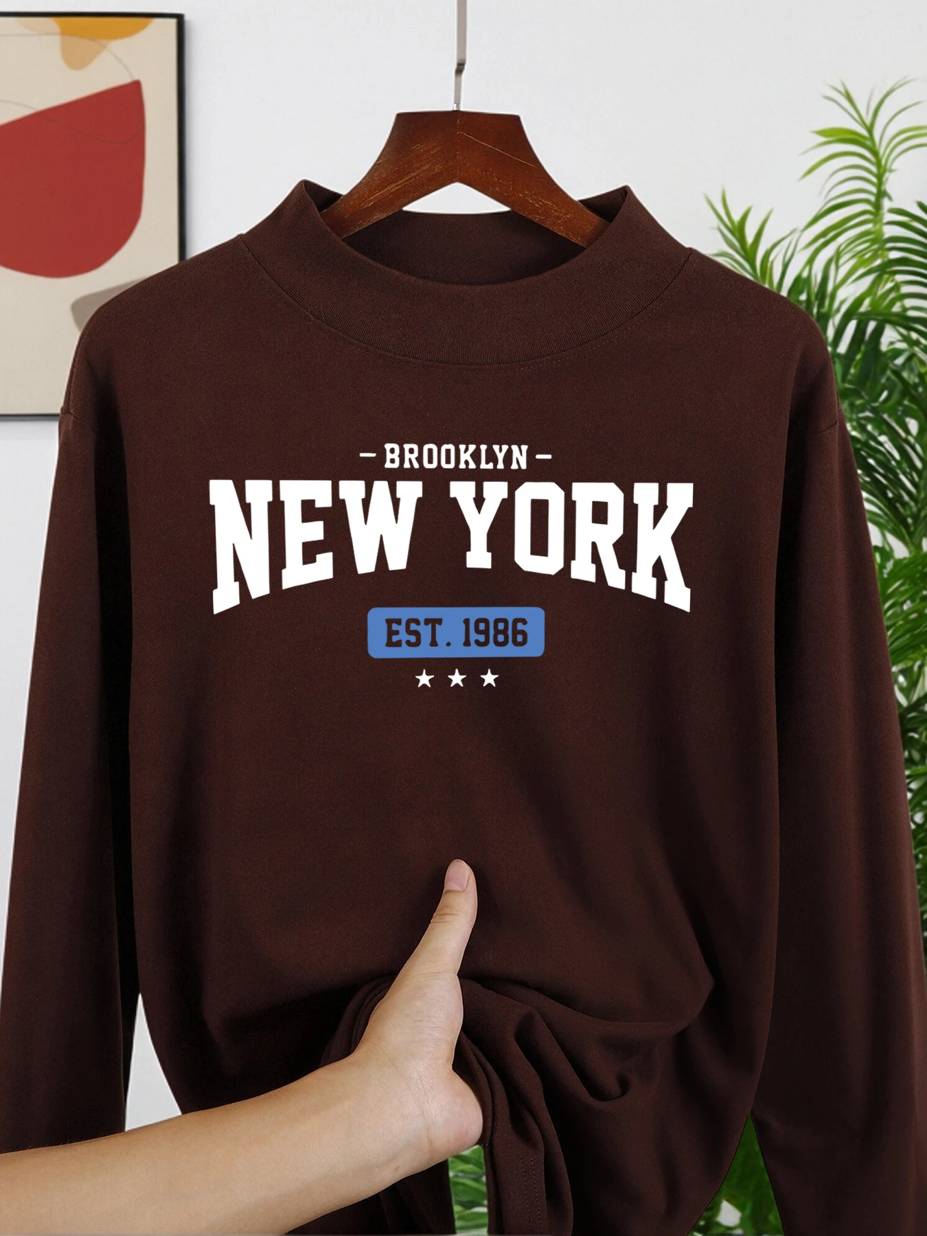 

Brooklyn New York Est 1986 Prints Velvet Fleece Pullover Men Soft Thicken T Shirts Trendy Autumn Streetwear All-Match Casual Top