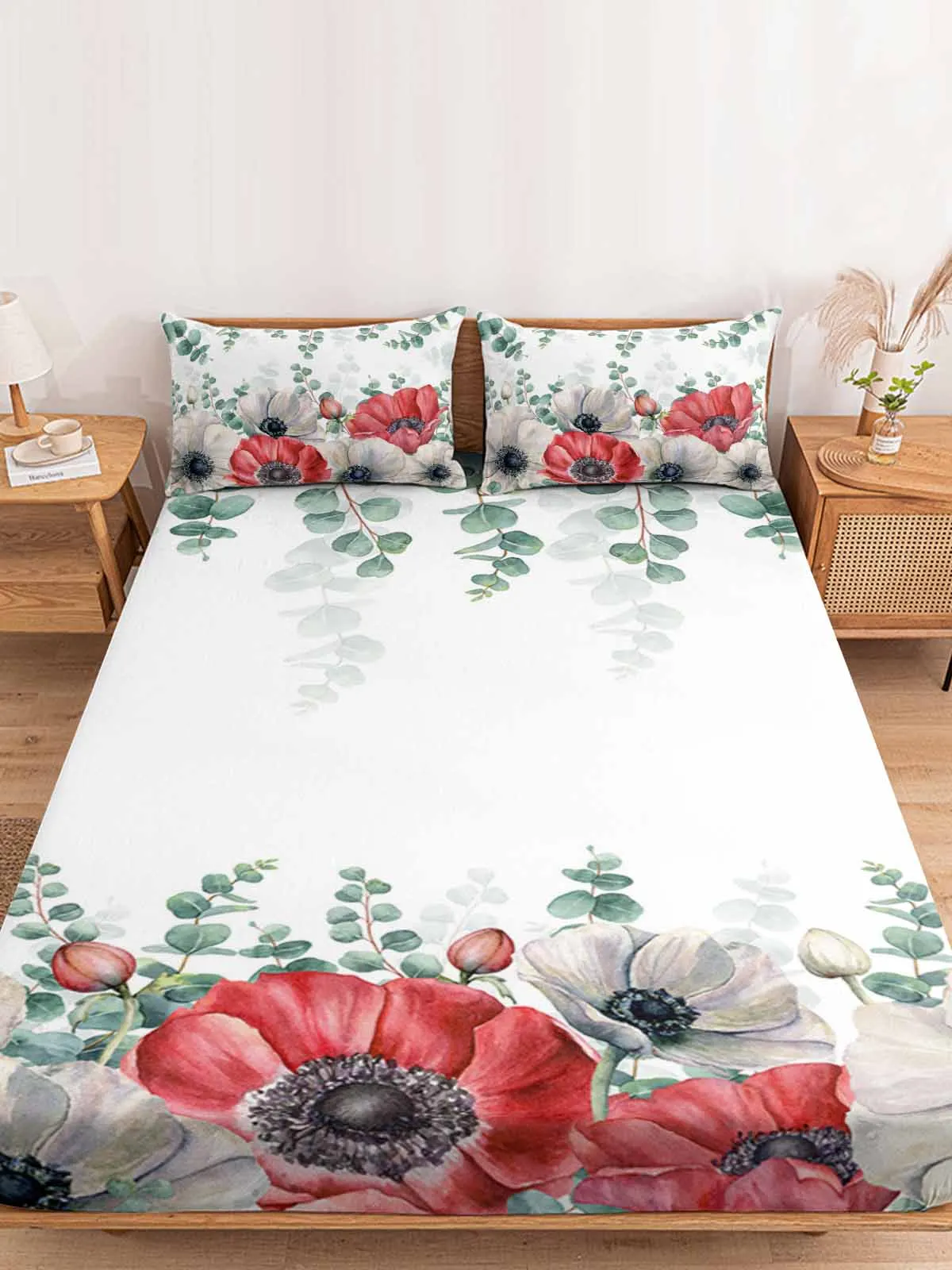 Eucalyptus American Idyllic Plant Poppy Flower Fitted Sheet Elastic Bands Non Slip Adjustable Mattress Covers Single King Bed