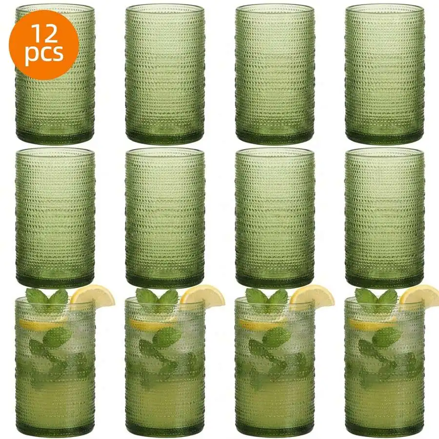 Set Of 12 Embossed Hobnail Glass Tumblers, 12oz Green Vintage Highball Glassware For Whiskey, Juice, Beer & Milk, Ideal Romantic
