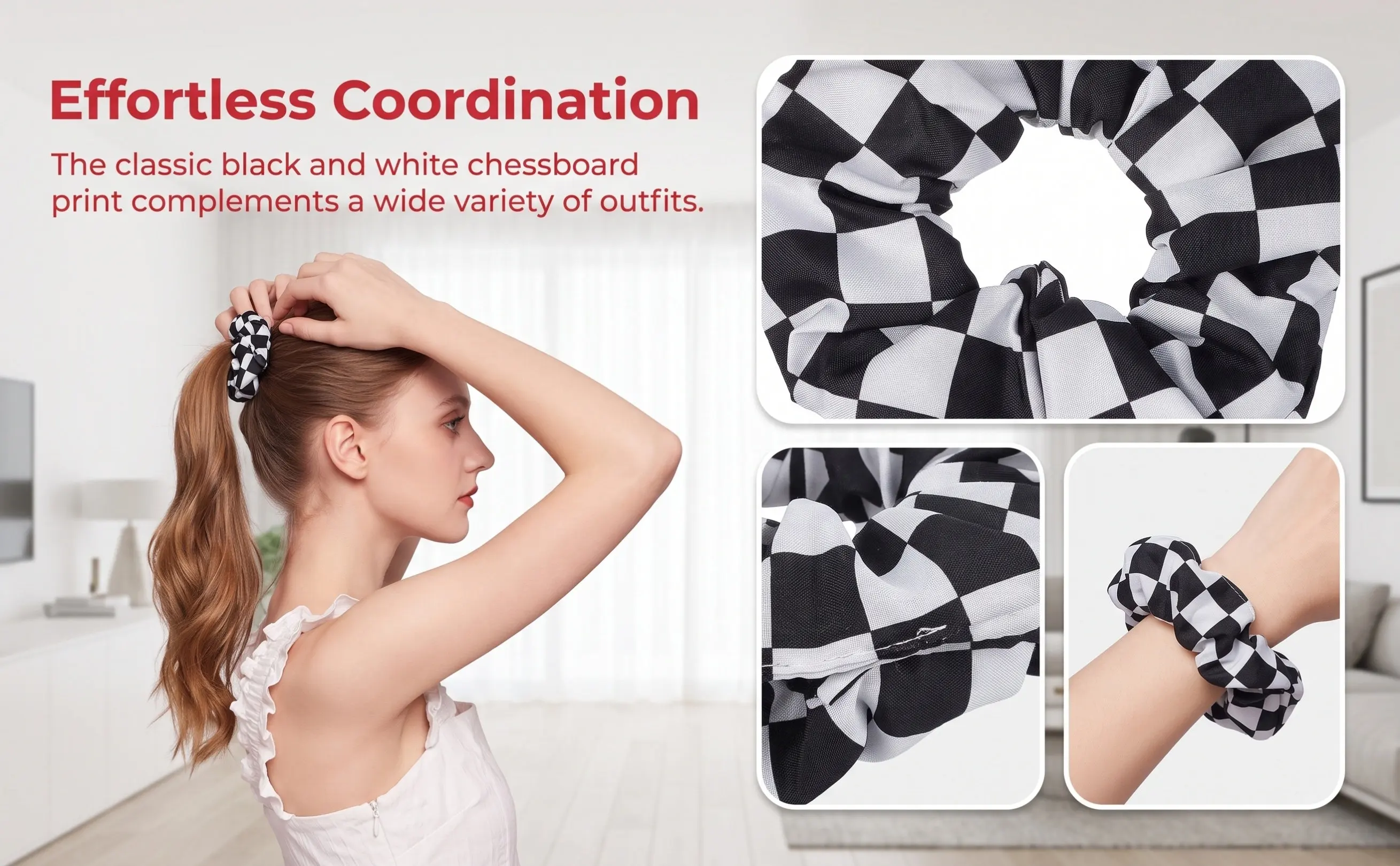 2Pcs Black White Chess Square Pattern Hair Rope Elastic Hairbands Women Scrunchies Ponytail Holders Hair Accessories for Girls