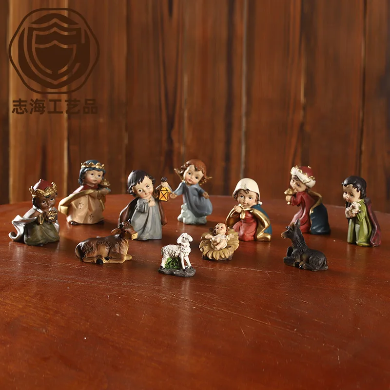 Conjunto de presépio de dibujos animados: figuritas de resina navideña, regalo navideño clásico, decoración de pesebre hecha a mano
