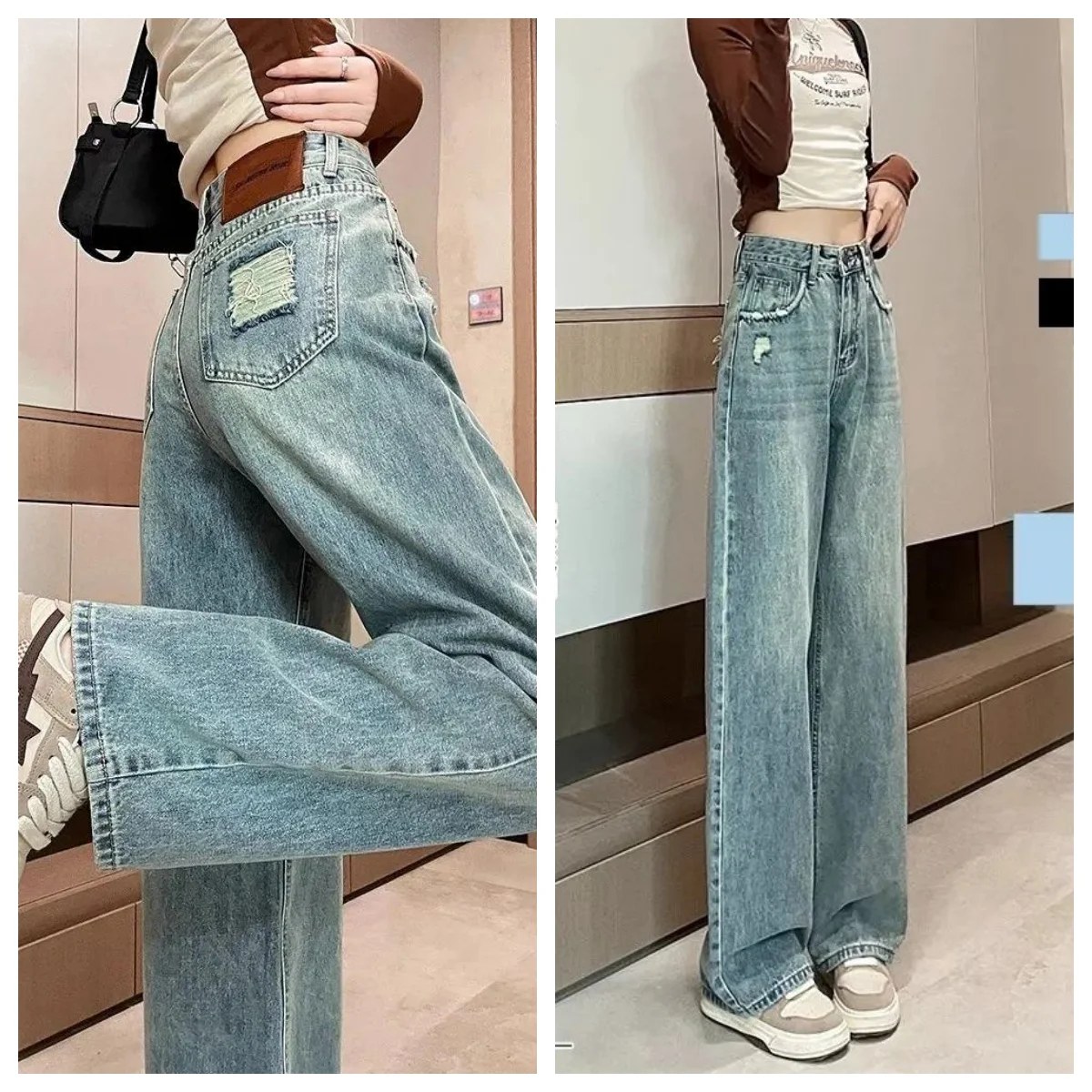

Blue Women's Straight Leg Jeans Commute Slim High Waist Denim Trouser Leisure Street Wear Vintage Hole Y2K Pants New