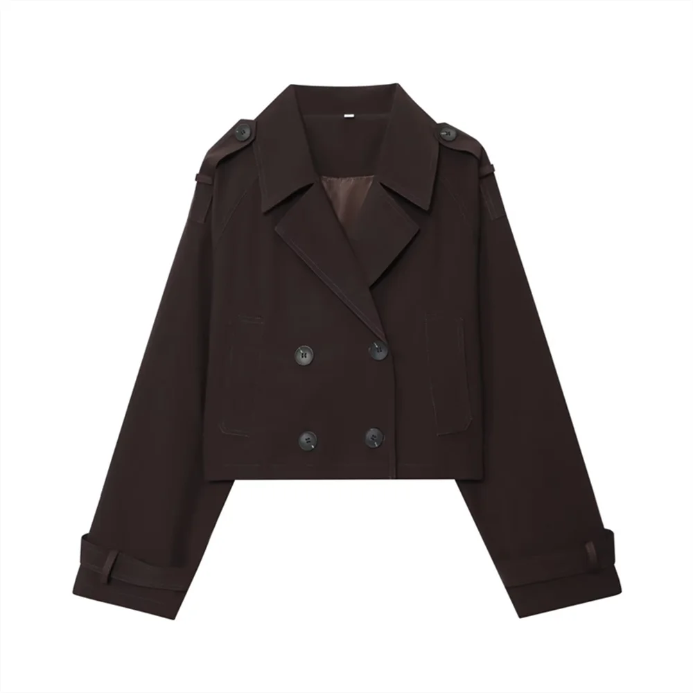 

new women's French pocket trimmed lapel long sleeved double breasted button short windbreaker jacket