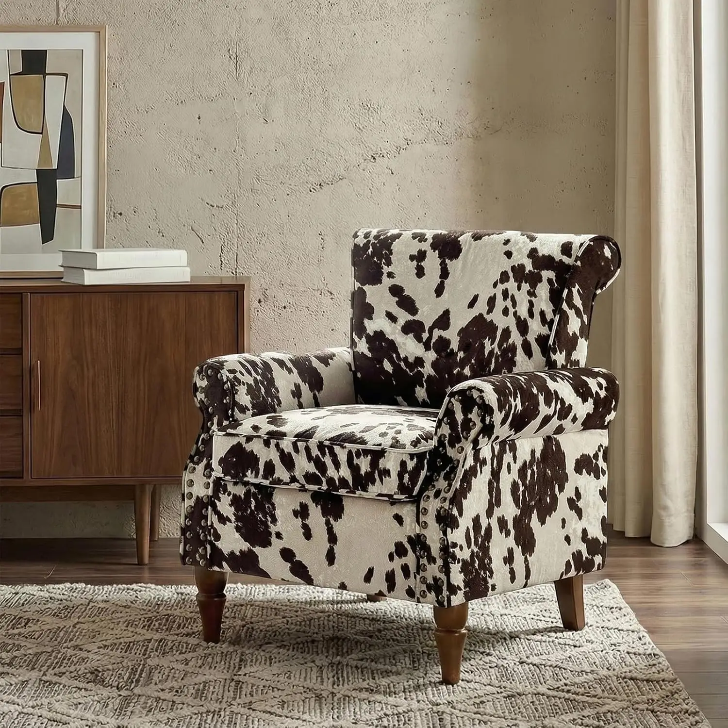 #Floral Wingback Chair Wood Legs Removable Cushion Nailhead Trim Reading Armchair Living Room Bedroom
