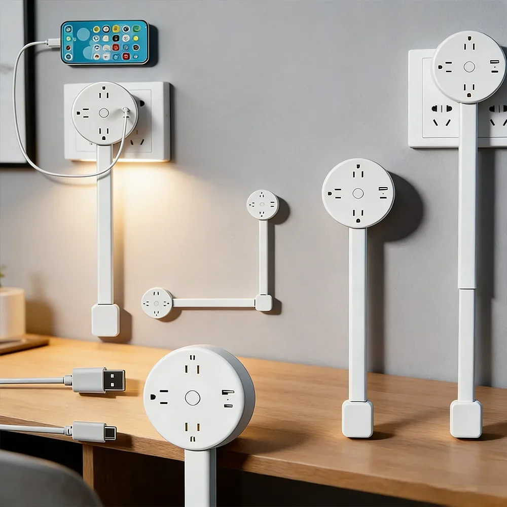 New Rotatable Electrical Wall Plug Extender with Adjustable Length Multi-Outlet Power Socket Adapter Space-Saving
