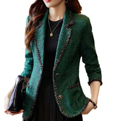 Chaqueta informal a cuadros para mujer, abrigo ajustado de manga larga con botonadura única, color negro, verde y Beige, Otoño e Invierno