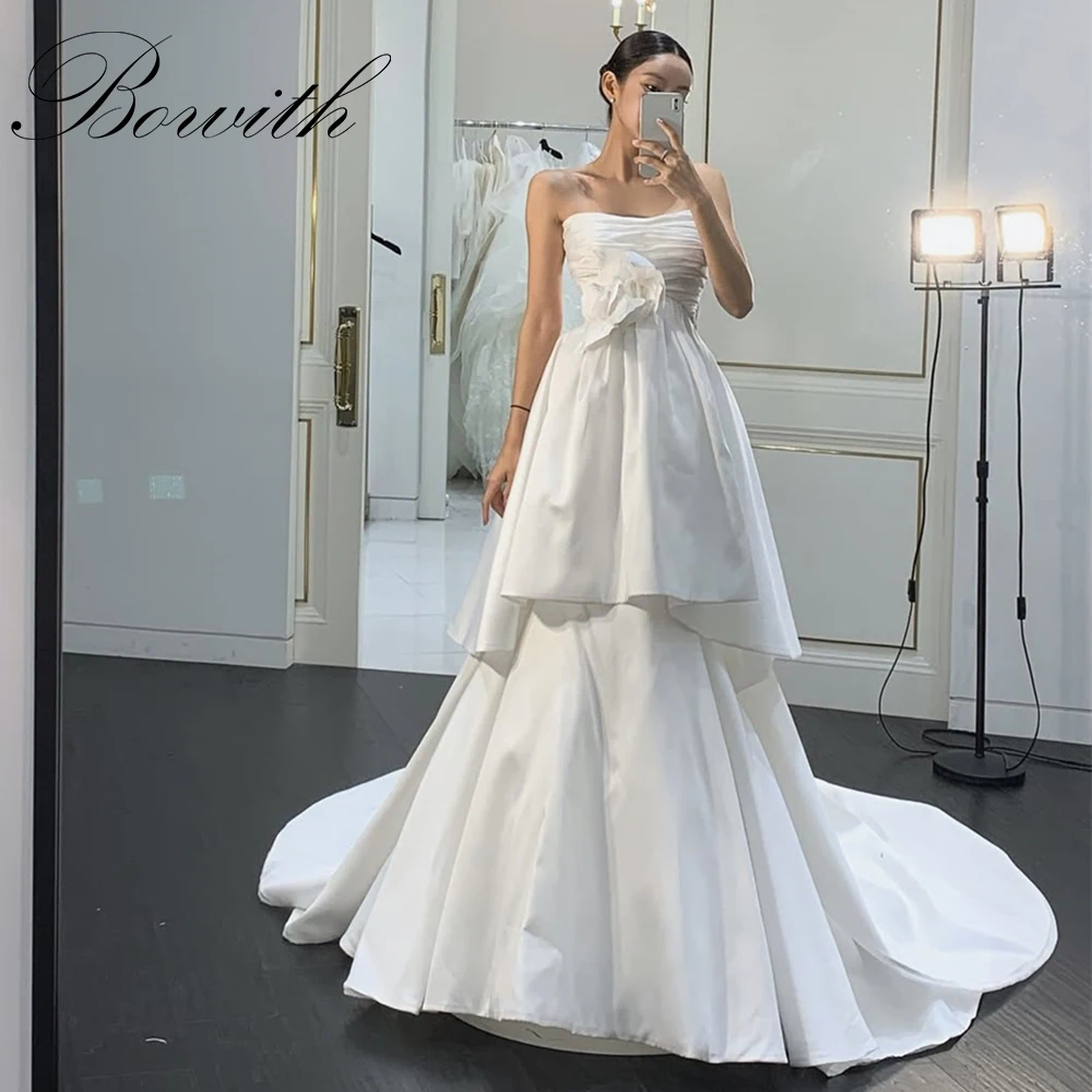 Bowith Strapless Patchwork Wedding Dresses Customized Bridal Gown A-line Pleat Sweep Train Photo Shoot Dresses