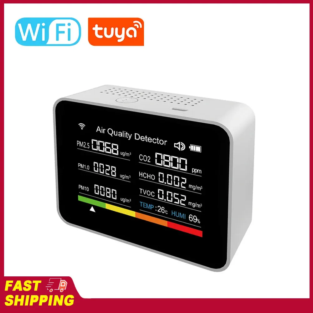 

Tuya WIFI 13in1 Air Quality Tester CO2/TVOC/HCHO/PM2.5/PM1.0/PM10/Temperature/Time/Date/Alarm/Timer/Stopwatch CO2 Meter Tool