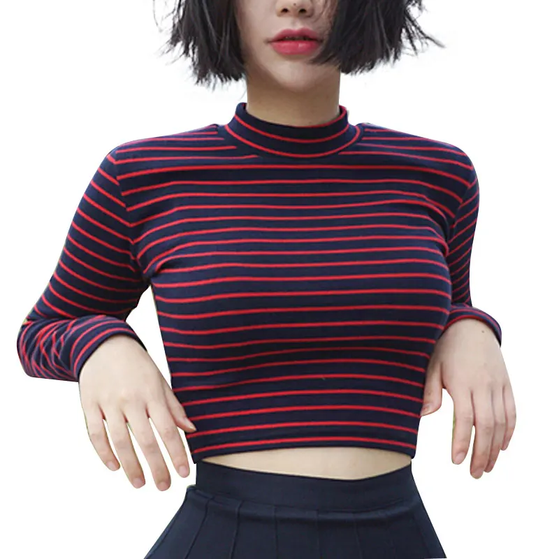 Crop Tops Women 2024 Chic All-match Classic Stripe Slim Short Bustier Crop Top Turtleneck Long Sleeved T-shirt Sexy Shirts Tee