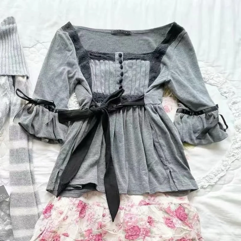 2000s American Vintage Slim T Shirts Y2k Harajuku Hot Girl Punk Gothic Short Sleeve Tees Japanese Kawaii Dark Lolita Shirt Women