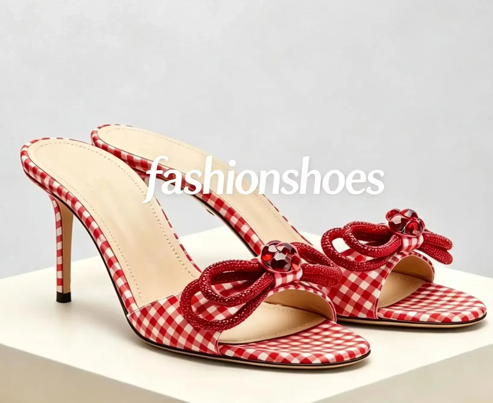 Crystal Butterfly Gingham Women Stiletto High Thin Heel Mules Pumps Sandals Open Sexy Square Slippers Summer Party Elegant Shoes