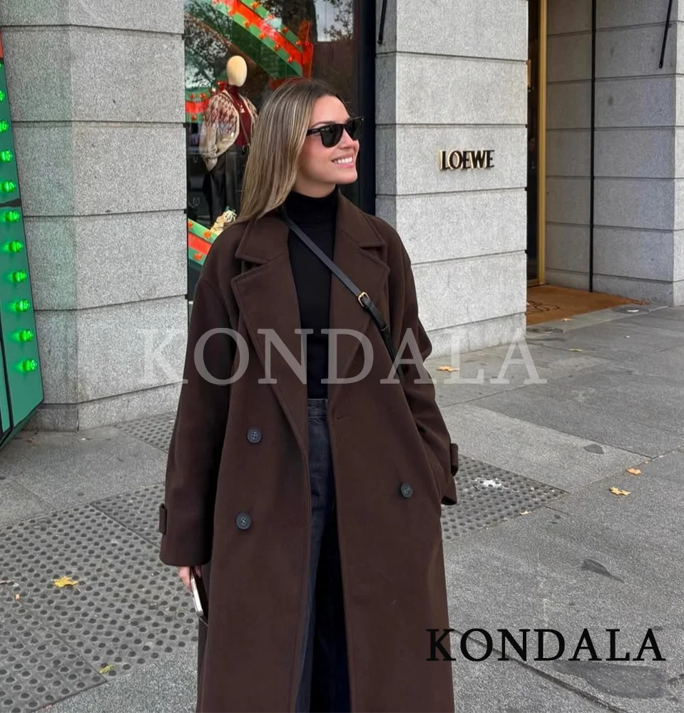 

Женское винтажное пальто KONDALA для повседневной носки, длинное, с отложным воротником, двубортное, свободного кроя, новая модная коллекция осень-зима 2026, элегантное шикарное женское пальто