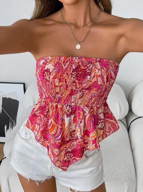 Women Tube Top Strapless Backless Printed Vest Pleated Irregular Summer Ladies Clubwear