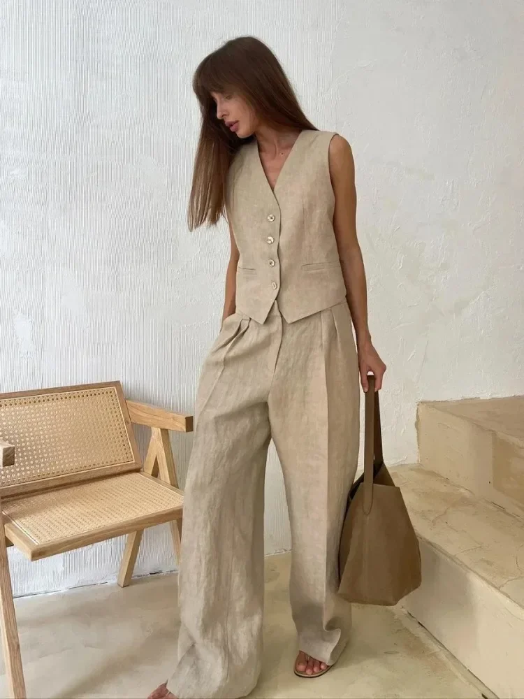 XIZOU Womem Linen Cotton Chic Vest ＆ Pants Suit Two Piece Set Office Ladies Summer Chic 2 Piece Sets Womens Outfits 2025