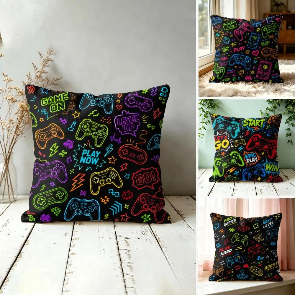 Colorful Game Controllers Pillow Case Double-Sided Plush Sofa Cushion Covers Organic Breathable Invisible Zipper
