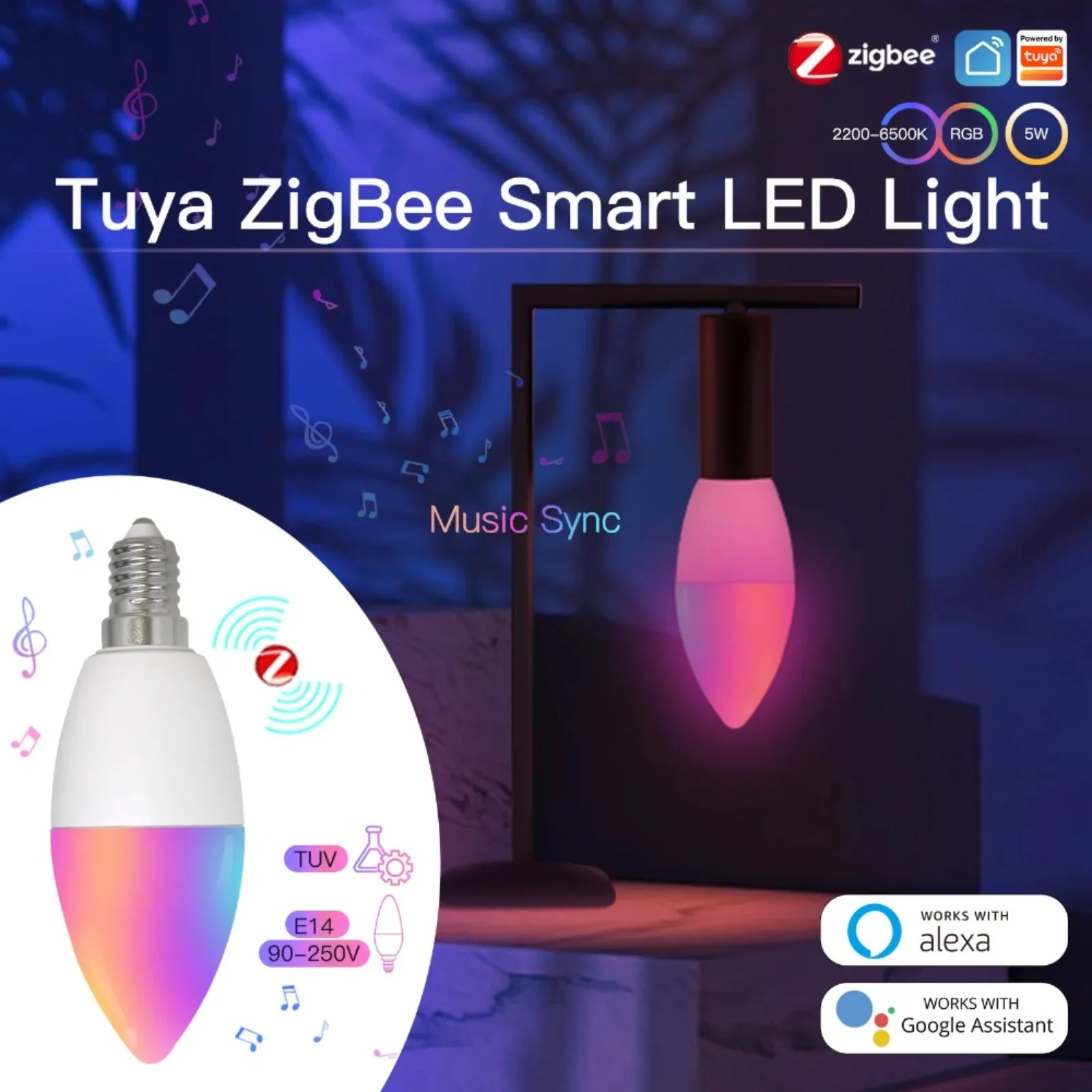 MOES Zigbee LED Light Bulb E14 Candle Lamp Smart 5W RGBCCT 2200-6500K Dimmable  Tuya Alexa Google Voice Control