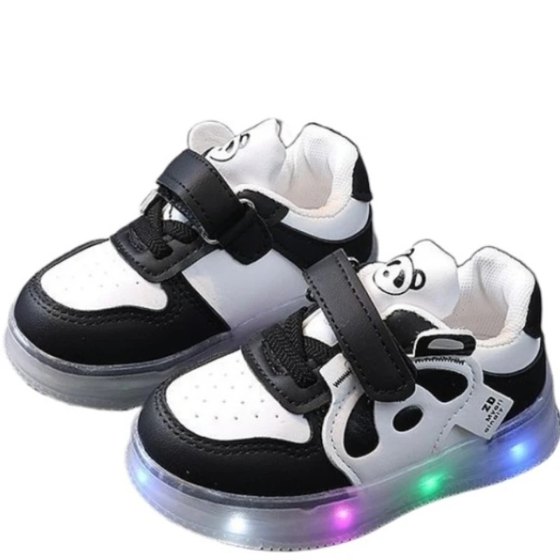 Children's LED Llluminated Shoes Spring 2024 New Leather Sports Shoes  Boys Girls Baby Soft Sole Anti Slip Casual Board Shoes