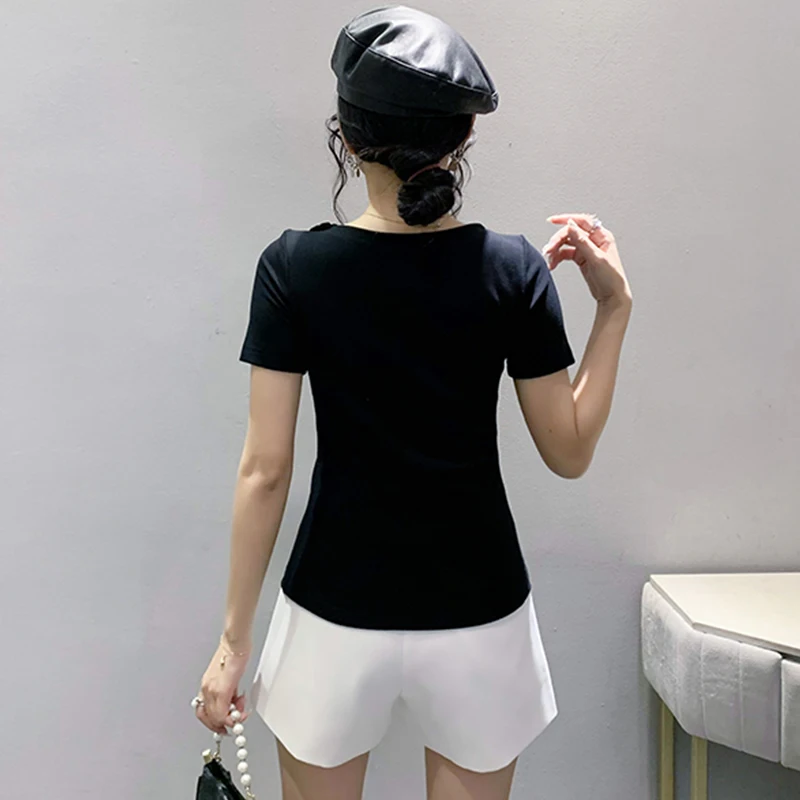 2023 vestiti estivi t-shirt in cotone Chic Sexy Patchwork perline fiore Glitter trapano caldo donna Slim top manica corta Tees 34180