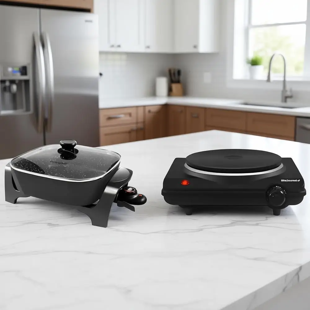 

Extra Deep 12x12x3.2 (7.5Qt.) Scratch Resistant Dishwasher & Countertop Single Cast Iron Burner, 1000 Watts Electric Hot Plate,