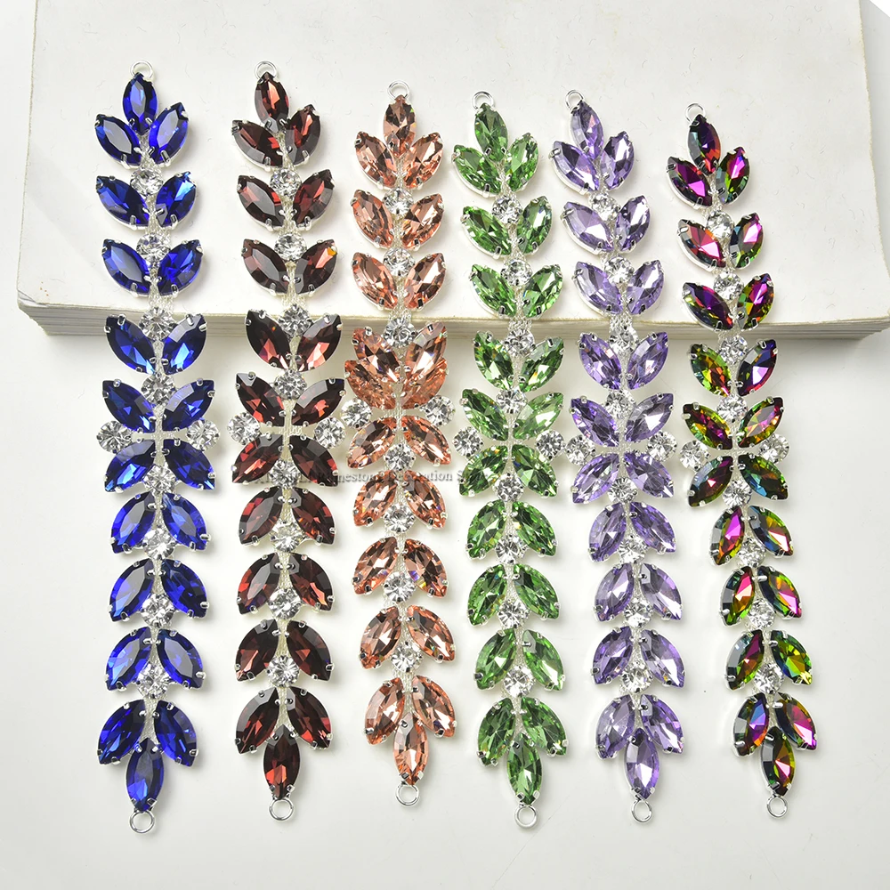 Lilac Pink Red AB Crystal Leaf Applique Fancy Gold/Silver Base Sew on Horse Eye Rhinestone Chain Trim for Costumes Bikini Shoes