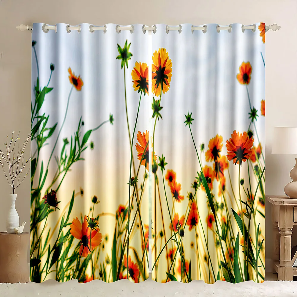 Flowering Forest Window Blackout Curtains,Sunny Forest with Pink Flower Enchanting Wildflowers Blossoms Landscape Scenery