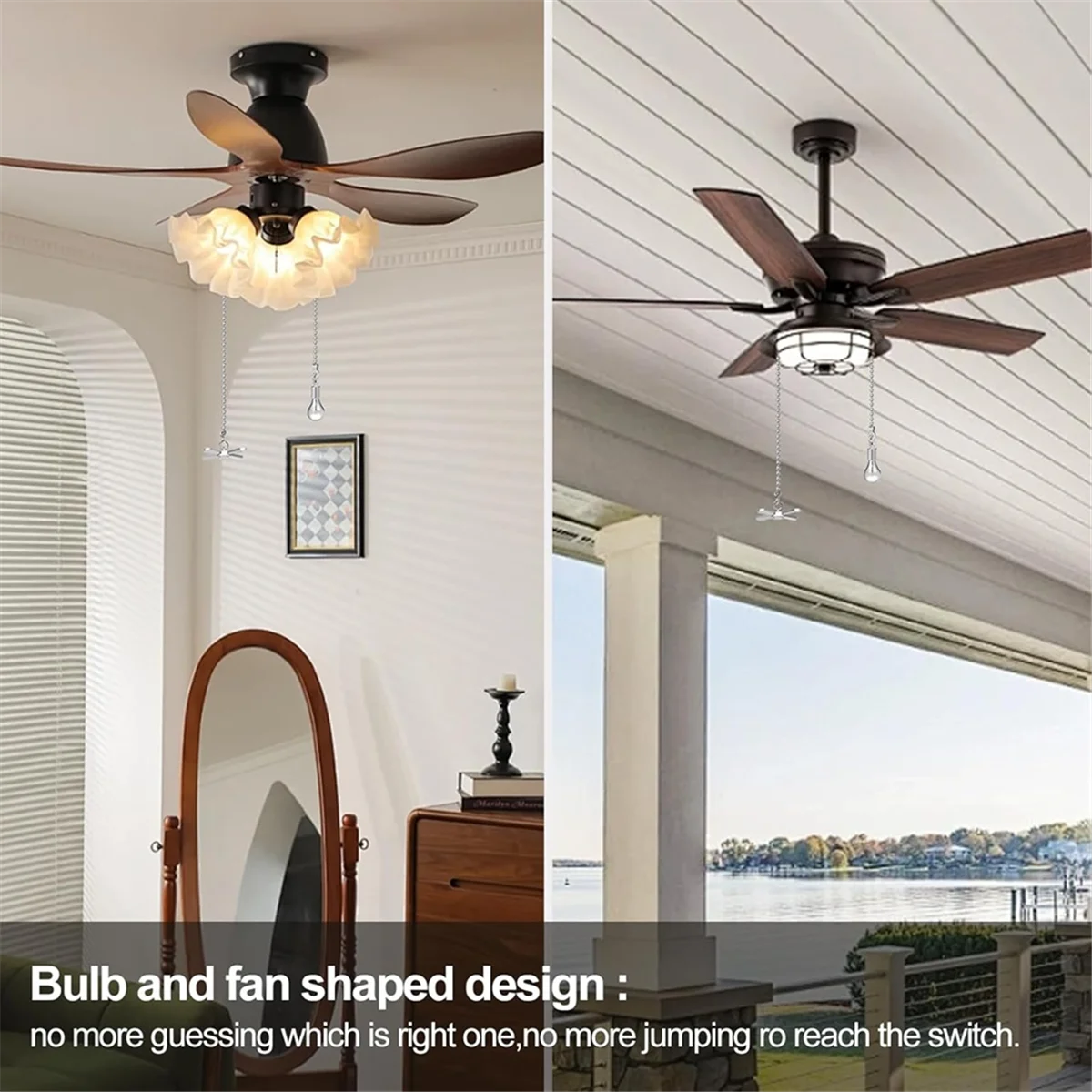 ABNJ 2sets Ceiling Fan Pull Chain Ornaments,Fan Pulls Extension Chains Set, Decorative Metal Light Bulb and Fan Cord