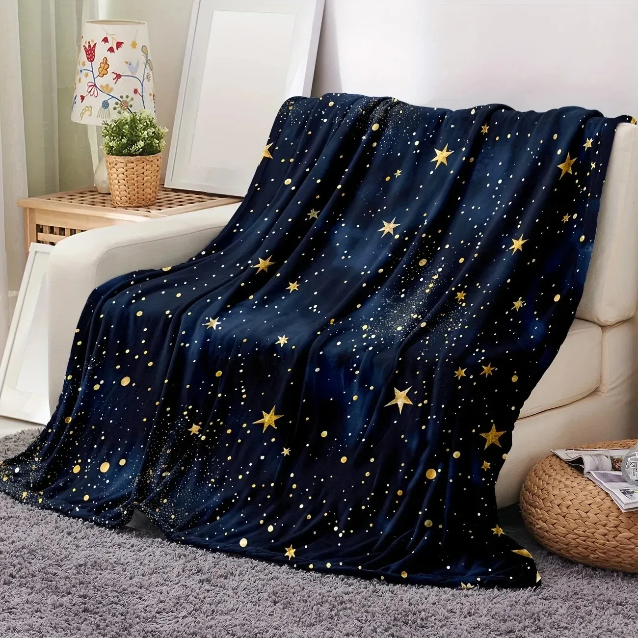 Dark Navy Golden Star Print Throw Blanket, Glitter Galaxy Starry Sky Pattern Soft Flannel Cozy Blanket, Warm Decor Blanket for S