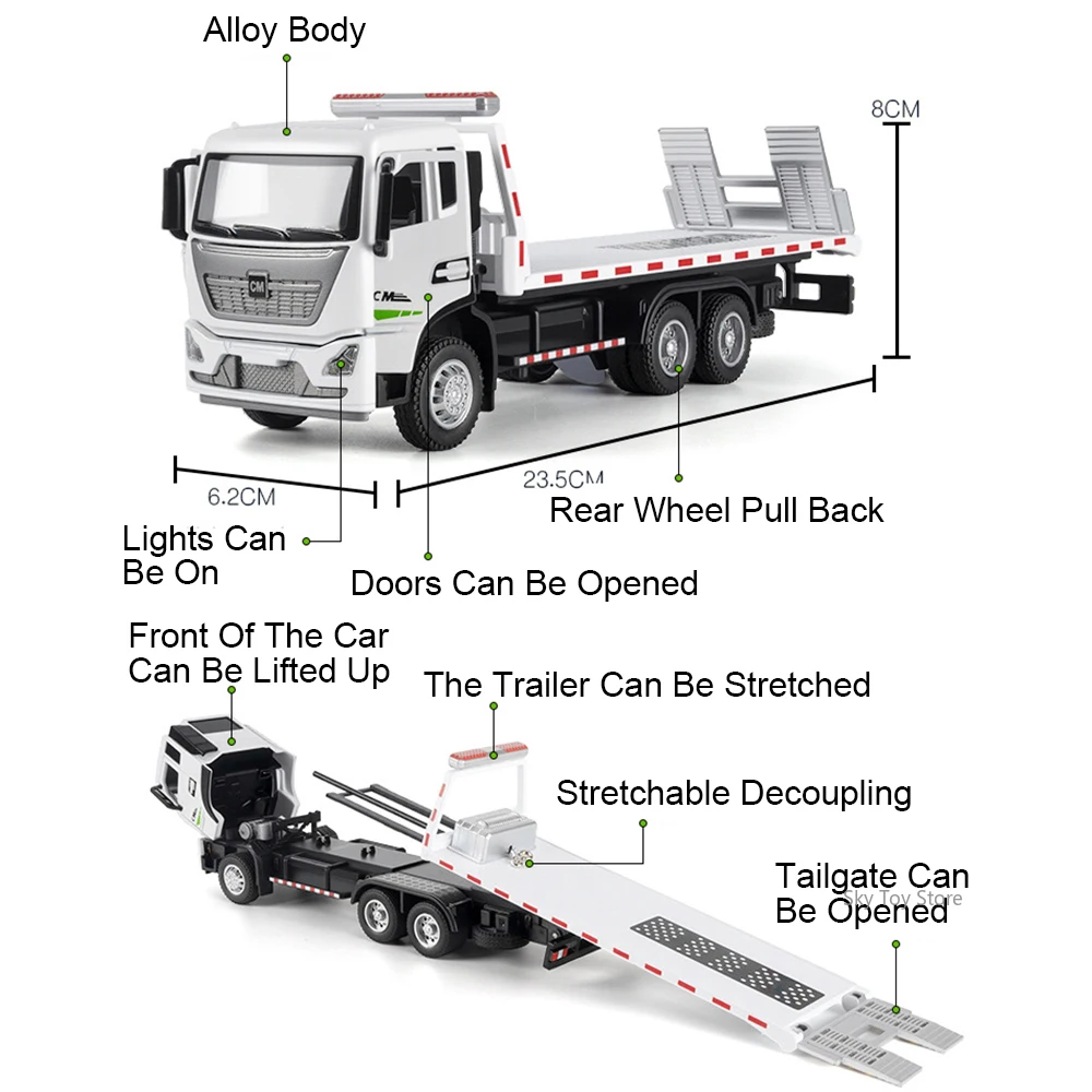 Remolque de cama plana de aleación Diecast 1:32, camión de rescate por carretera, modelo de juguetes, coche en miniatura, sonido, luz, puertas traseras, vehículo abierto, regalo para niños