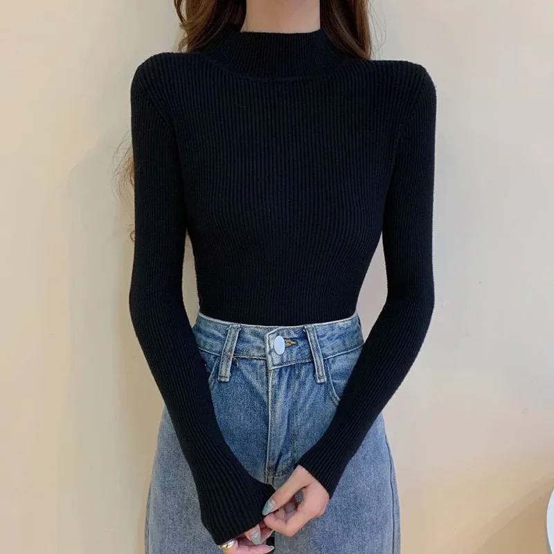 Women Sweater Fashion Solid Turtleneck Casual Slim Fit Long Sleeve Tops