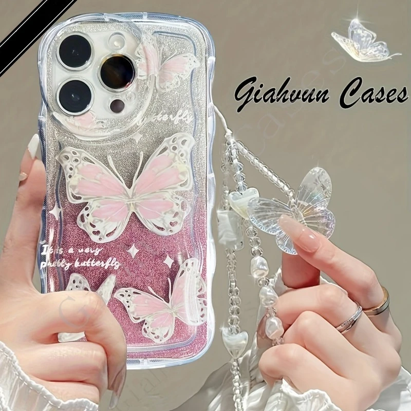 INS Butterfly Pattern Cream Wavy-edge Phone Case For iPhone 17 16 15 14 13 12 11 Pro Max 16E With Butterfly Bead String Cover view 4