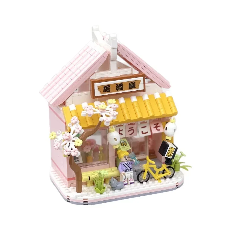 Rompecabezas de bloques de construcción para niña, juguete ensamblado, vista de calle, flor de cerezo, casa del árbol, Izakaya, regalo para niña