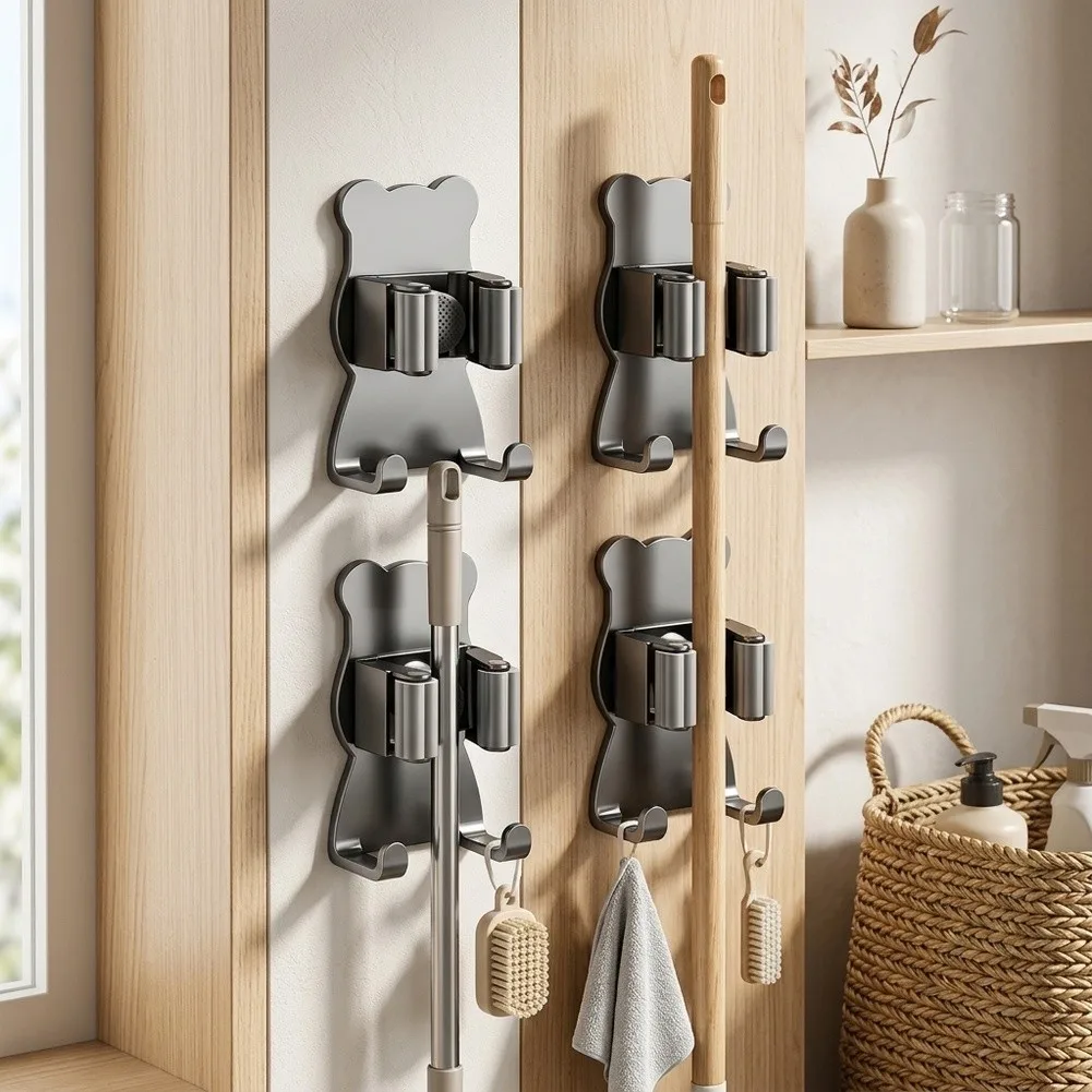 Grey Stainless Steel Mop Hook No Drill Strong Wall Mount For Broom And Cleaning Tool Storage Bathroom Kitchen Organizer