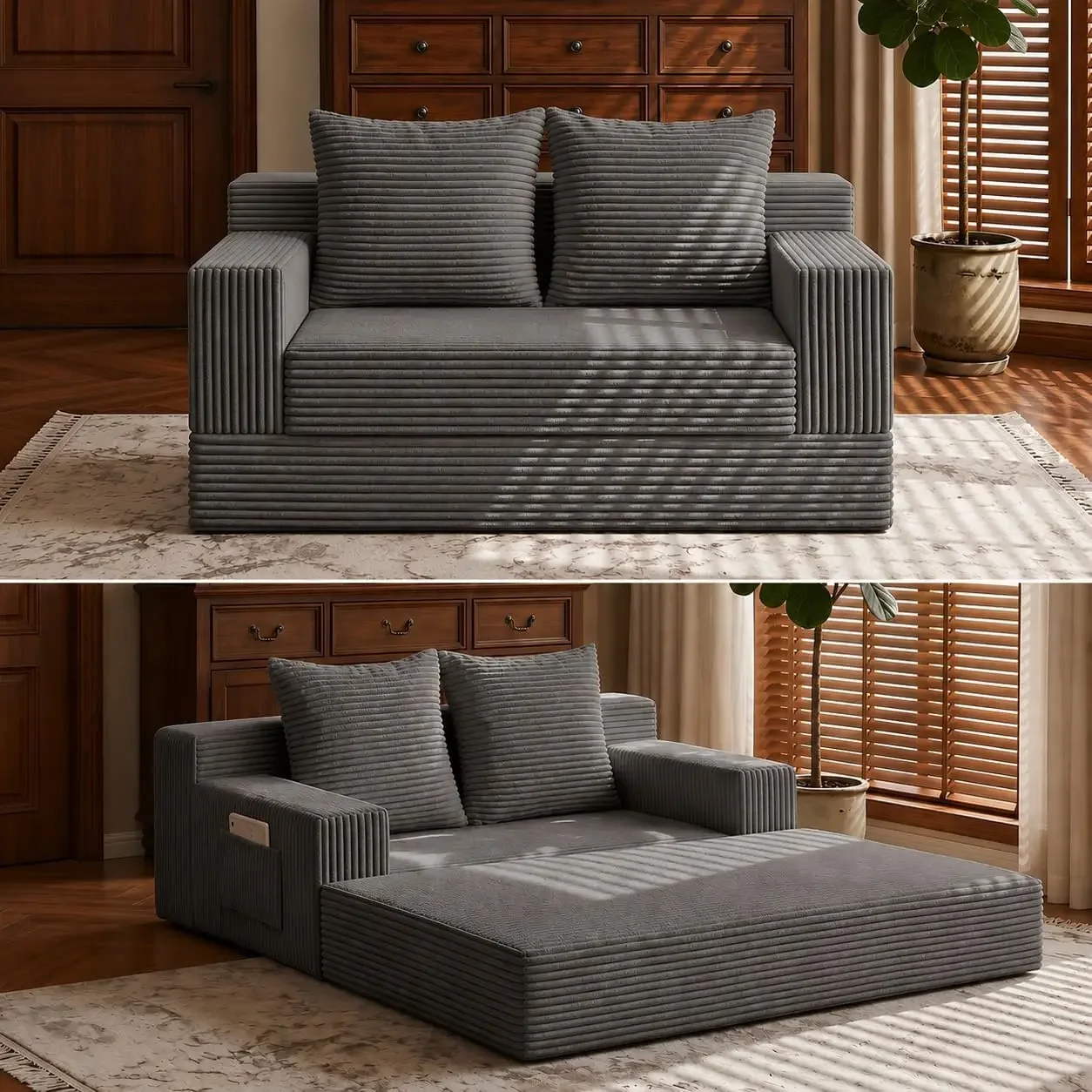 Boneless Loveseat Folding Sofa Bed, Foldable Floor Futon Sleeper Couch Bed - Convertible Sofa Bed, Corduroy Pull Out Sofa Bed wi