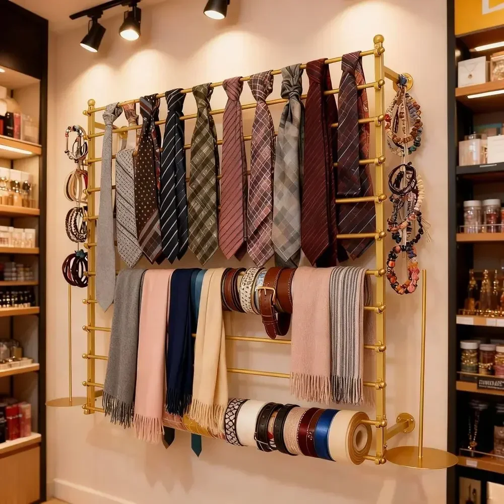 12-Tier 120cm Gold Wall Rack for Displaying Wrapping Supplies, Ribbons, Scarves, Belts, Towels, and Sewing Accessories