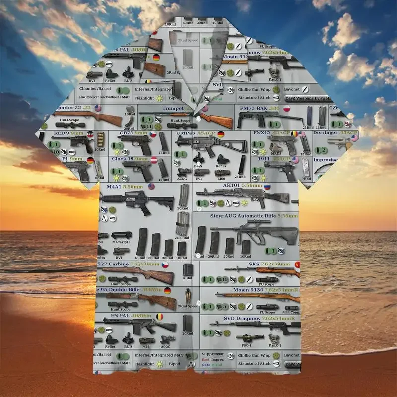 Hawaiian Shirt for Men Gun Graphic T-shirt 3d Printed Shirt for Beach Vacation Style T-shirt for Men Street Wear Oversized Shirt