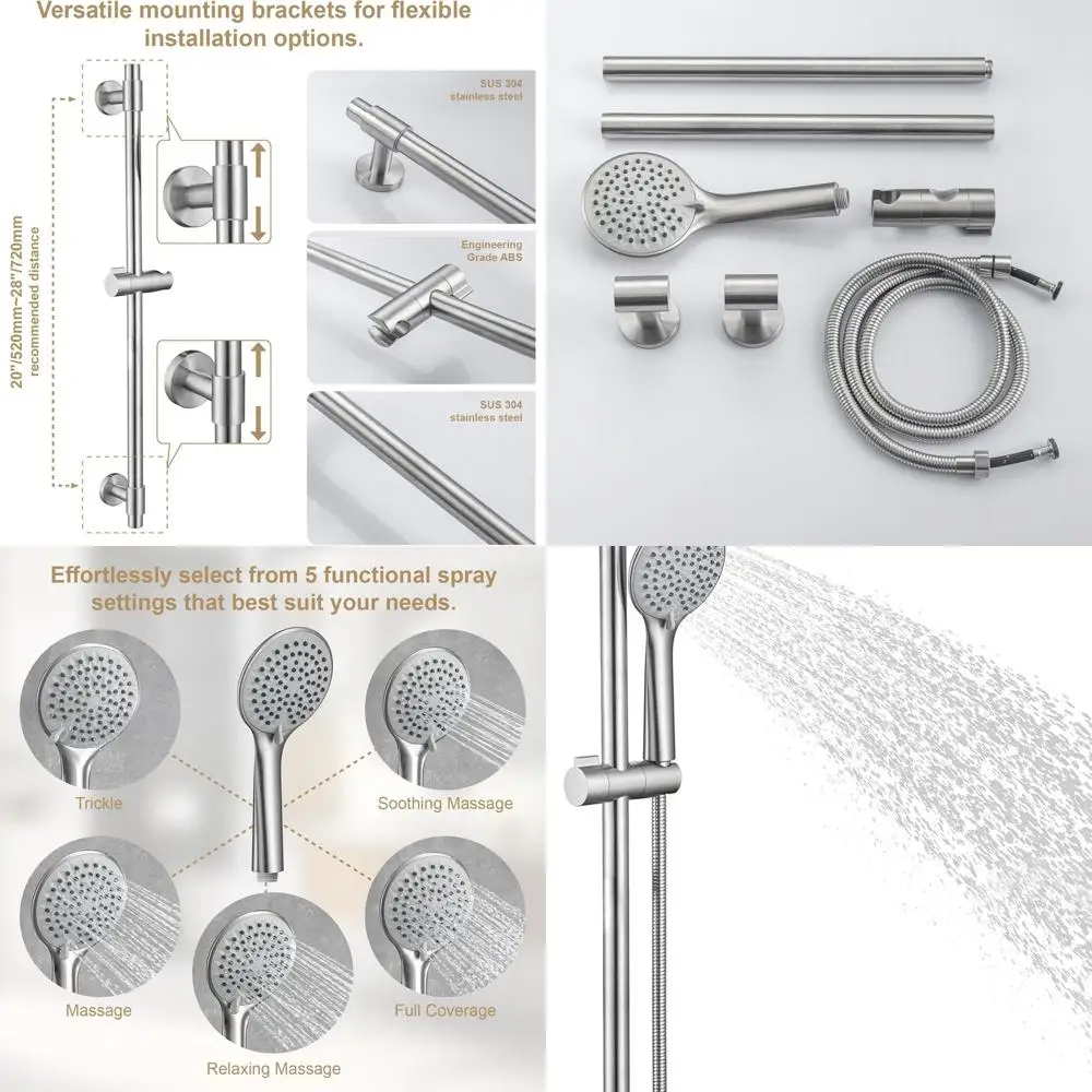 

5-Function Stainless Steel Shower Slide Bar with Brushed Nickel Finish and Extended Hose