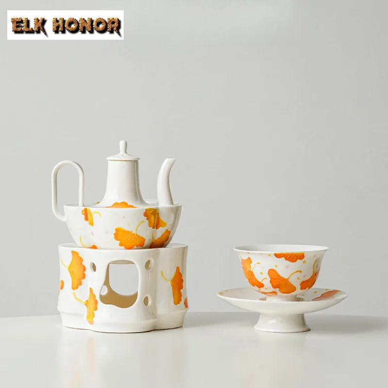 

Ручная нарисованная керамическая плита с листьями гинкго, теплая винная плита, башня, осенняя подставка для свечей, изолированная плита, подставка для кипячения чая, набор чайной посуды