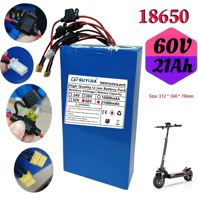 18650 60V 21000mAh 16S6P Lithium Battery Pack Suitable for 500-1000 Watt High Power Rechargeable Batteries