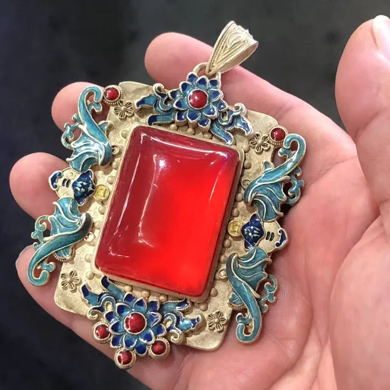 

Antique Collectible Cloisonne Inlaid Ruby Pendant Necklace Charm Retro Handmade Craft Jewelry Accessories
